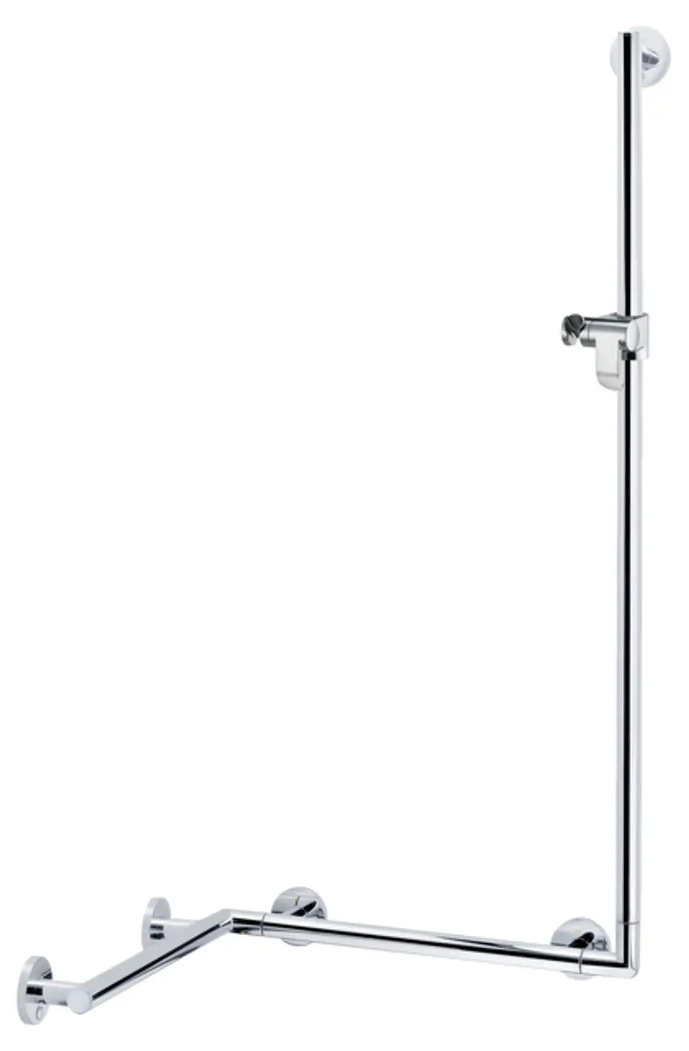 Chromfarbener Duschhandlauf von Keuco mit geraden Linien, montiert an der Wand, geeignet für die Unterstützung beim Ein- und Aussteigen in die Dusche.